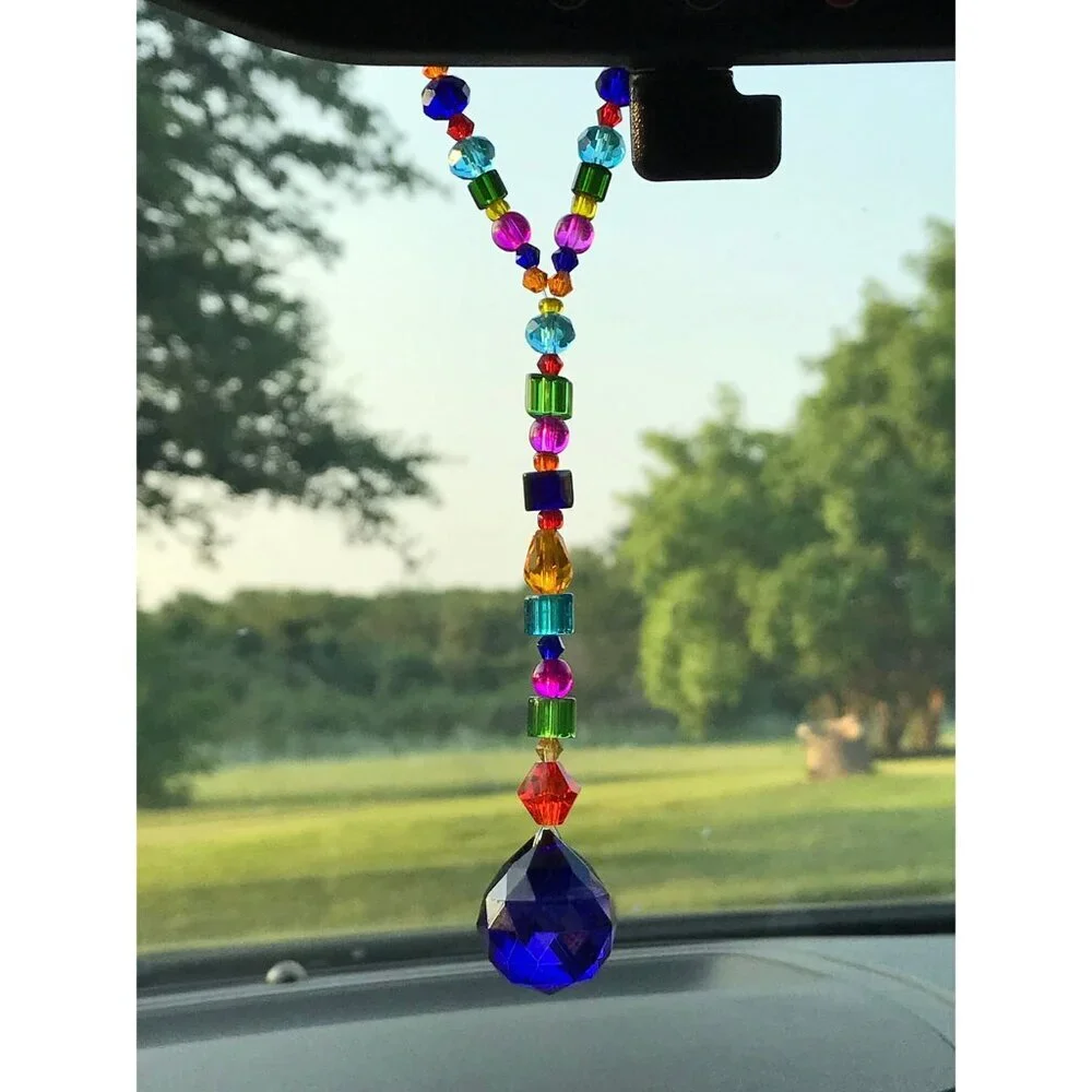 Beaded Suncatcher Car Charm Rearview Mirror Ornament Blue Crystal Prism